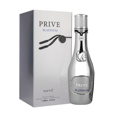 Frasco e caixa de perfume PRIVE PLATINUM prateados