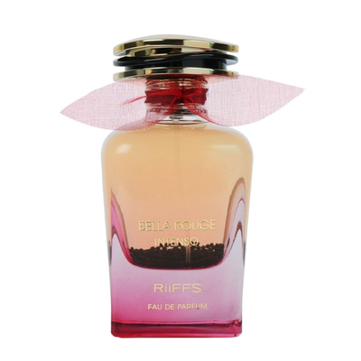 Frasco de perfume rosa e bege com tampa dourada e laço vermelho