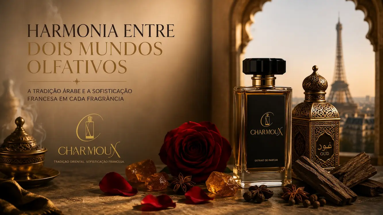Frasco de perfume CHAR MOUX com elementos decorativos e vista da Torre Eiffel ao fundo