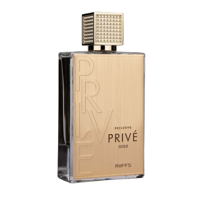 frasco de perfume Prive com rótulo dourado e tampa quadrada texturizada