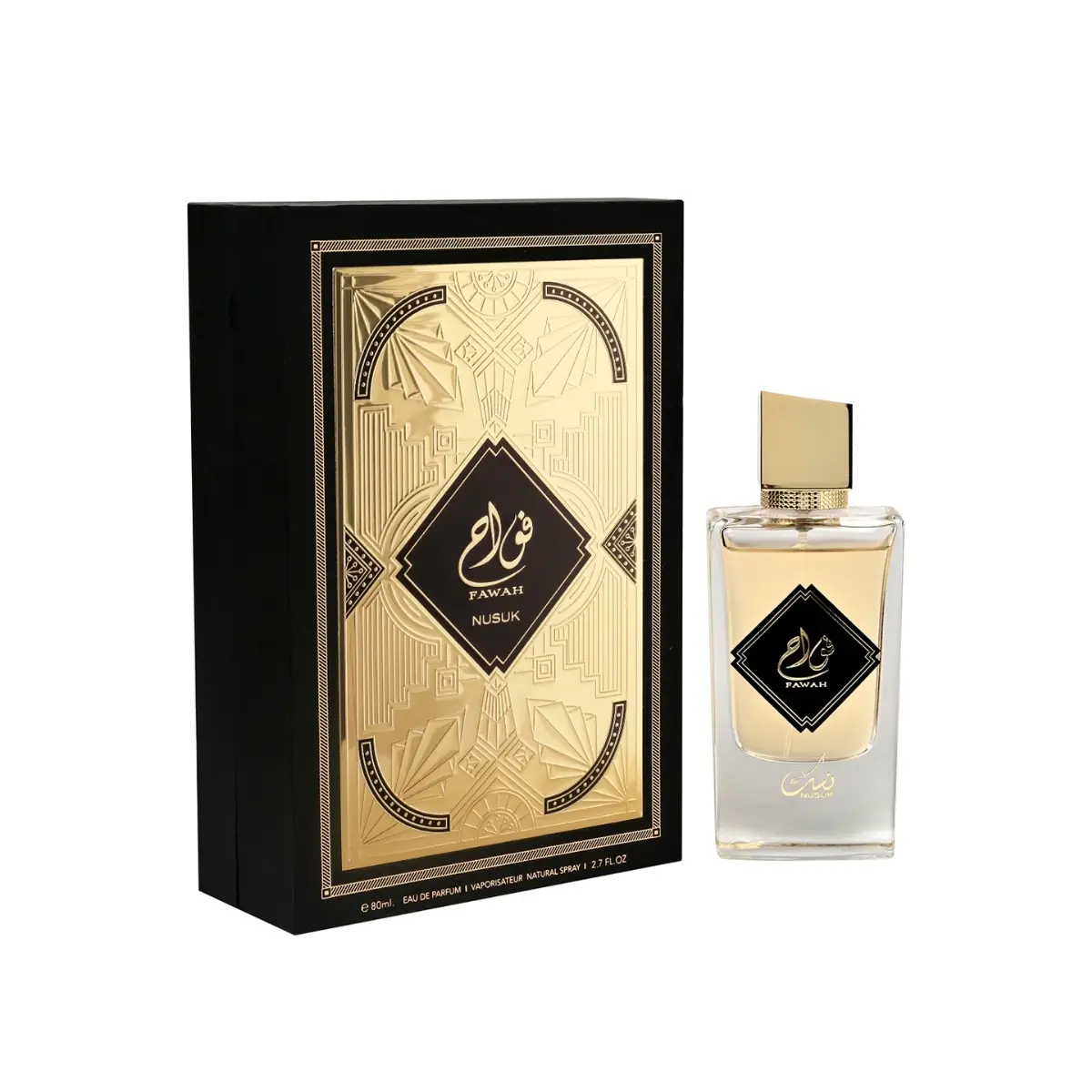 Frasco de perfume Fayah Nuruk ao lado da sua caixa preta com detalhes dourados
