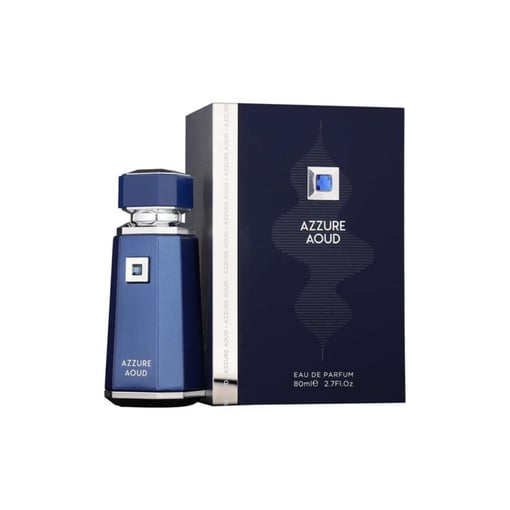 Frasco azul escuro de perfume Azzure Aoud com caixa correspondente