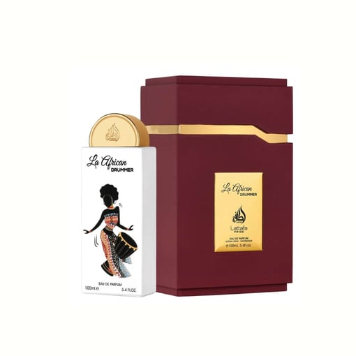 Frasco de perfume La African Drummer com caixa vinho e dourada