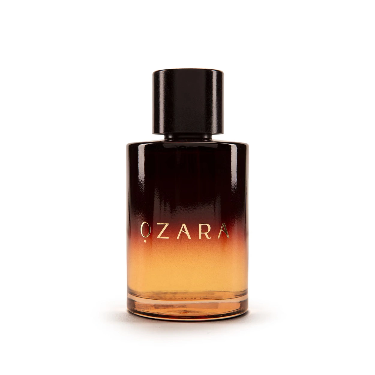Frasco de perfume OZARA castanho e âmbar com tampa preta