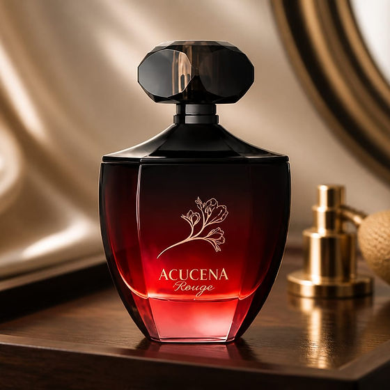 Frasco de perfume ACUCENA Rouge em vidro vermelho e preto sobre madeira