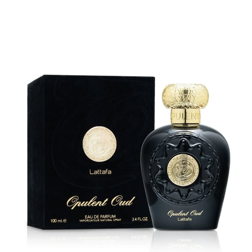Frasco preto e dourado e caixa preta de perfume Opulent Oud