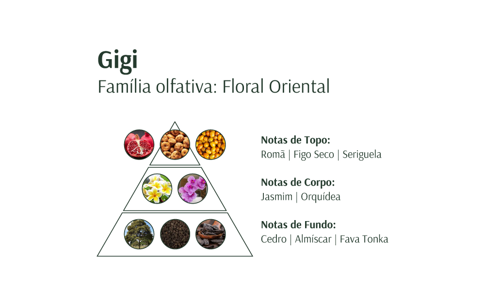 Pirâmide olfativa e notas do perfume Gigi - Floral Oriental