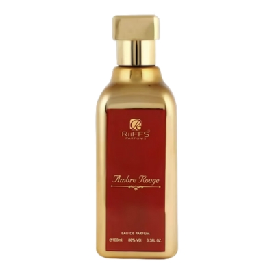 Frasco dourado de perfume Ambre Rouge com etiqueta vermelha
