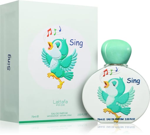 Frasco e caixa de perfume Sing com desenho de pássaro verde