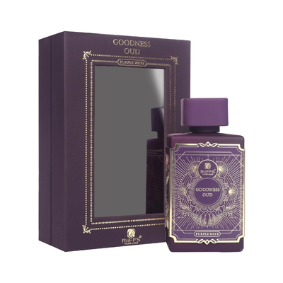 Perfume Goodness Oud Purple Wave roxo com detalhes dourados e embalagem