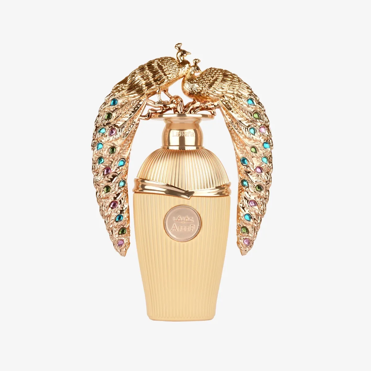 Frasco de perfume dourado decorado com pavões coloridos