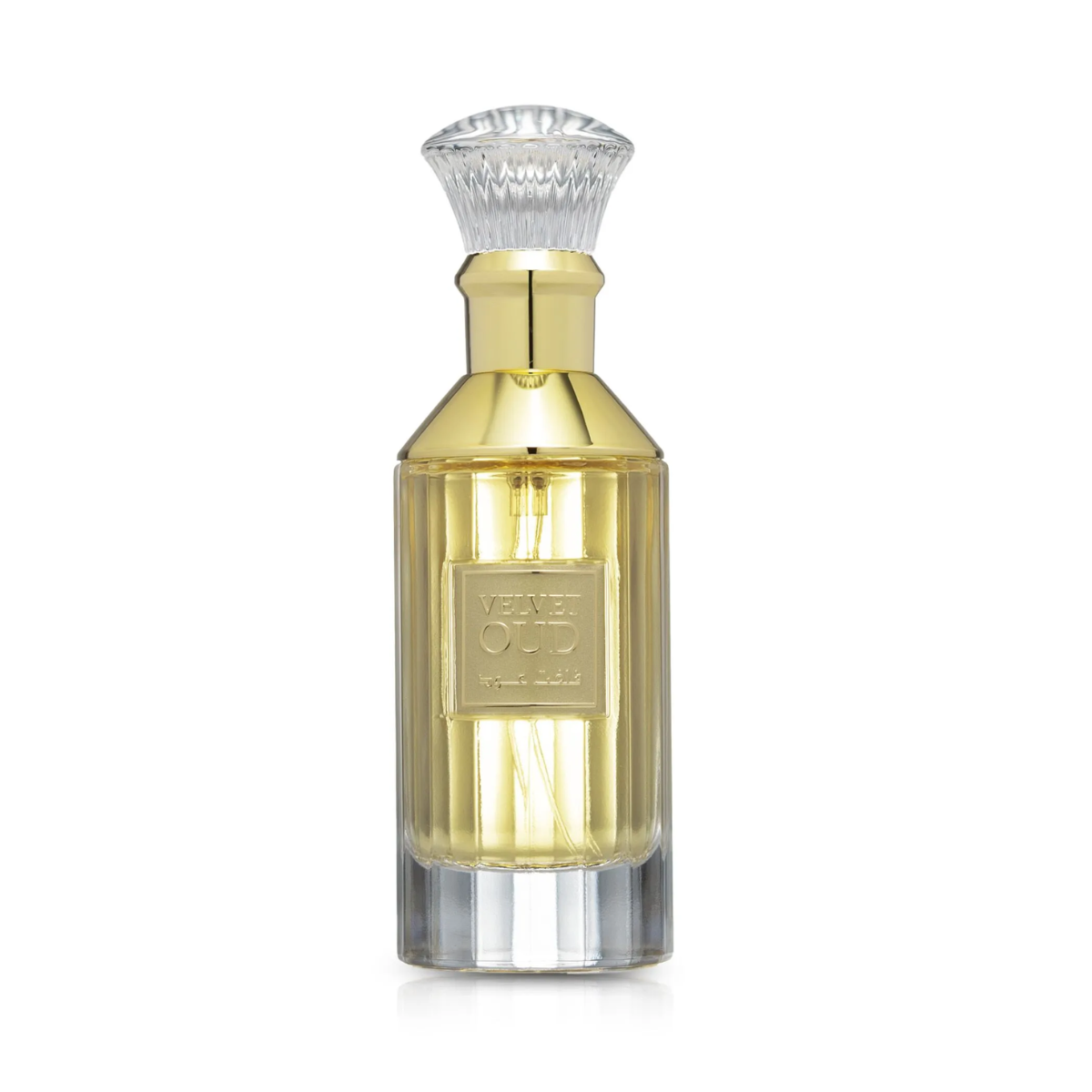 Frasco de perfume em vidro transparente com líquido amarelo e tampa decorativa