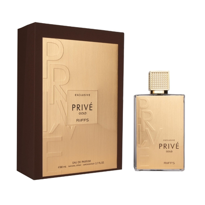 Frasco e caixa de perfume dourados e castanhos com texto Privé Gold RiiFFS.