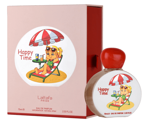 Perfume Happy Time Lattafa Pride embalagem cor de rosa com ilustração e frasco com tampa vermelha