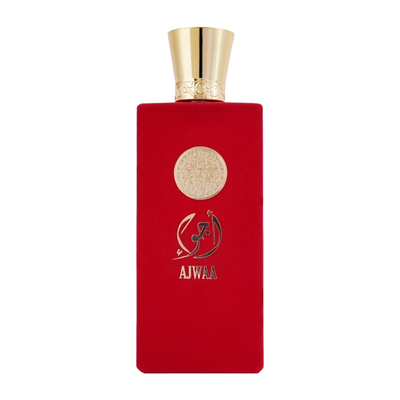 Frasco de perfume vermelho com tampa dourada e texto AJWAA