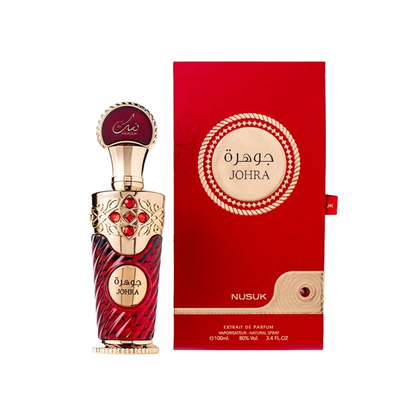 Frasco de perfume Johra vermelho e dourado com caixa vermelha