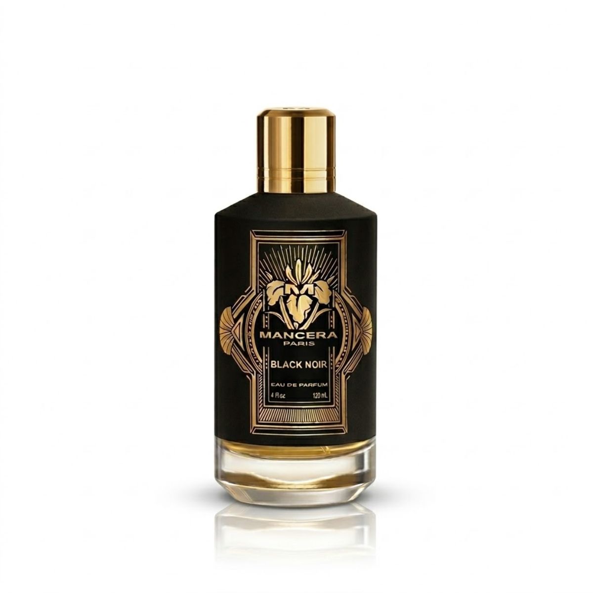 Frasco de perfume Mancera Black Noir com tampa dourada e rótulo preto e dourado