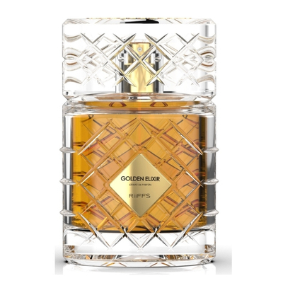 Frasco de perfume Golden Elixir com líquido âmbar e padrão quadriculado