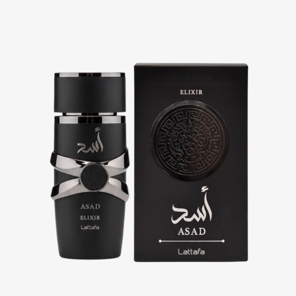 Frasco preto e embalagem de perfume ELIXIR ASAD Lattafa