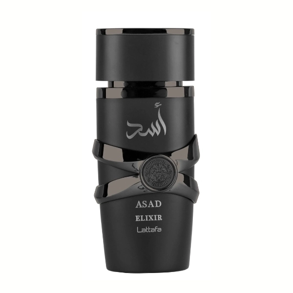 Frasco preto de perfume ASAD ELIXIR Lattafa com detalhes brilhantes