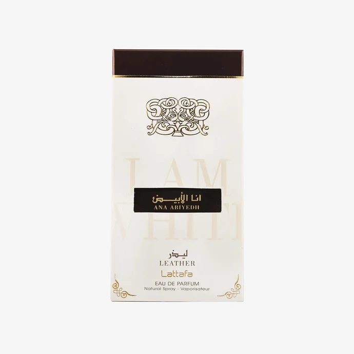Embalagem de perfume Lattafa branca com tampa castanha e texto em inglês e árabe