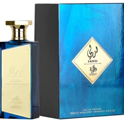 Frasco e embalagem de perfume Lazuli azul e dourado