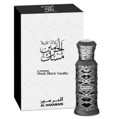 Frasco de perfume Al Haramain Musk Black Vanilla cinzento com caixa branca e preta