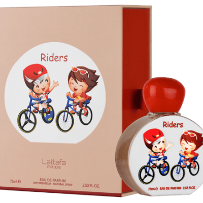 Frasco e caixa de perfume Riders com ilustração de crianças em bicicletas
