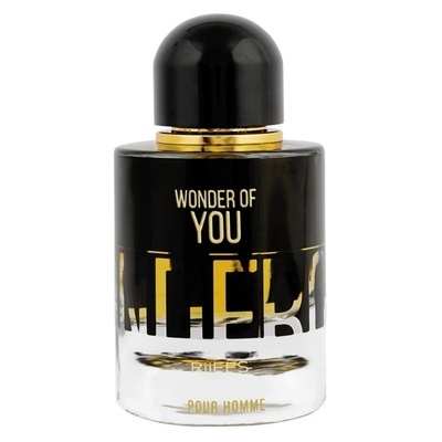 Frasco de perfume masculino preto e transparente com texto dourado