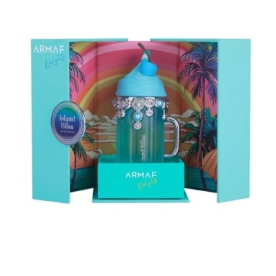 Frasco de perfume Armaf Island Bliss em caixa colorida com ilustração tropical