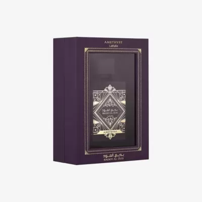 Perfume Badee Al Oud Amethyst Lattafa dentro de caixa roxa com janela e detalhes dourados