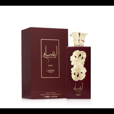 Perfume Ansam Gold com frasco e caixa bordô e detalhes dourados