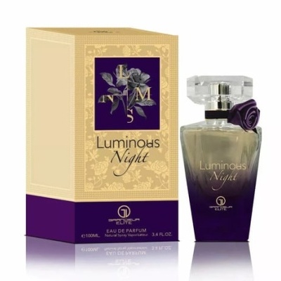 Perfume Luminous Night com frasco degradê cinza e roxo e embalagem bege com detalhes roxos
