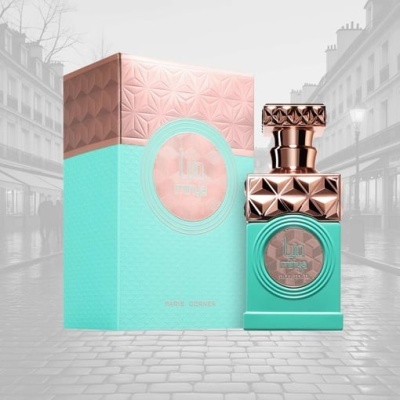 Frasco e caixa de perfume azul turquesa e cobre com texto 'lin me'