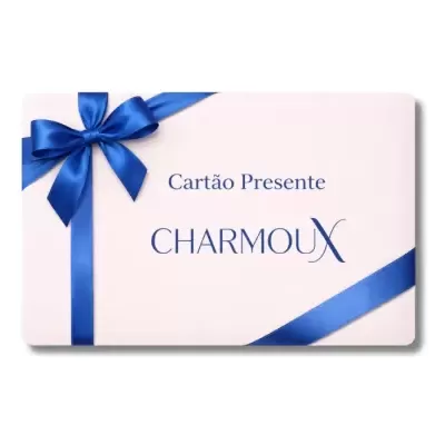 Cartão presente CHARMOUX com fita azul em fundo branco