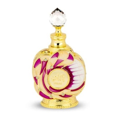 Frasco de perfume dourado com detalhes rosa, branco e tampa em cristal