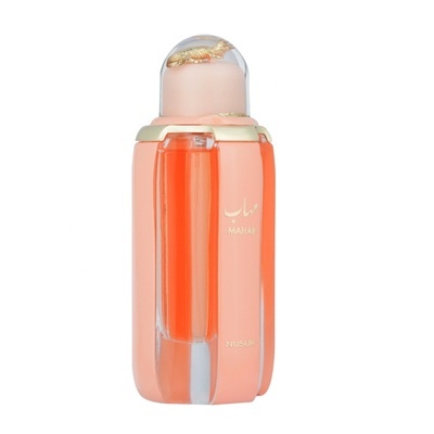 Frasco de perfume MAHAB laranja com tampa transparente e detalhes dourados