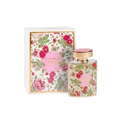 Frasco de perfume decorado com flores e caixa associada