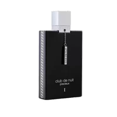 Frasco de perfume preto com tampa branca e etiqueta pendente