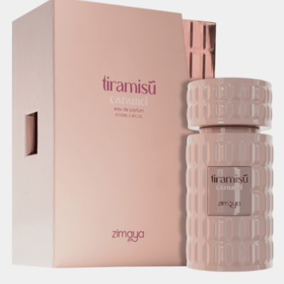 Frasco de perfume e caixa bege claro com texto tiramisu caramel e zimaya