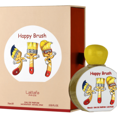 Frasco e caixa de perfume Happy Brush com ilustração de pincéis coloridos