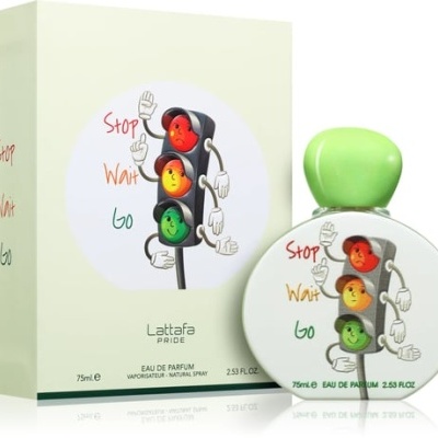 Frasco de perfume e caixa com ilustração de semáforo sorridente e texto Stop, Wait, Go