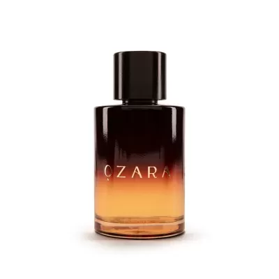 Frasco de perfume OZARA castanho e âmbar com tampa preta