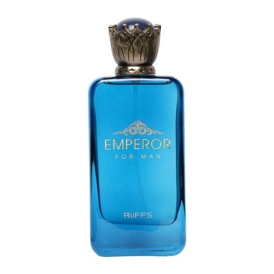 Frasco azul de perfume Emperor For Man com tampa dourada e azul