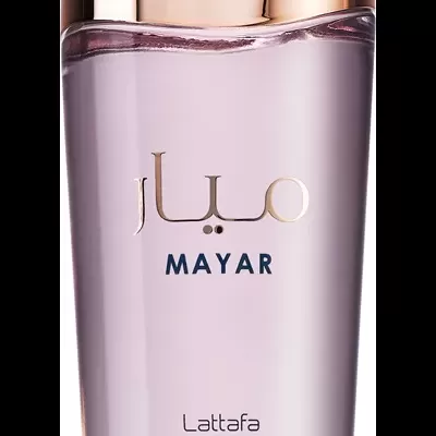 Frasco de perfume MAYAR da Lattafa em vidro translúcido rosa com tampa dourada