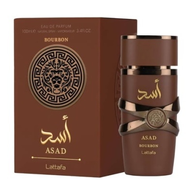 Perfume ASAD Bourbon Lattafa marrom com detalhes dourados e símbolo de leão