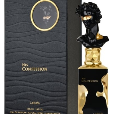 Perfume 'His Confession' Lattafa preto e dourado com caixa texturizada