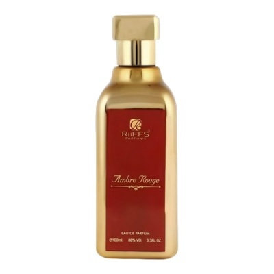 Frasco dourado de perfume Ambre Rouge com etiqueta vermelha