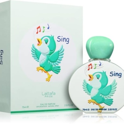 Frasco e caixa de perfume Sing com desenho de pássaro verde