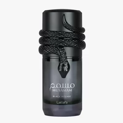 Frasco de perfume preto com cobra decorativa e texto Musamam Black Intense Lattafa